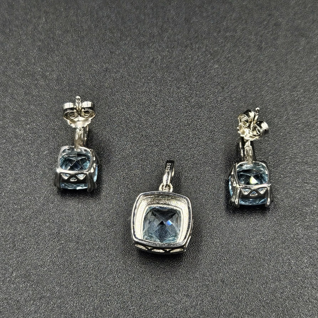 Brand New, Never worn 925 Sterling Silver Blue Amethyst & Cubic Zirconia Pendant & Earrings set