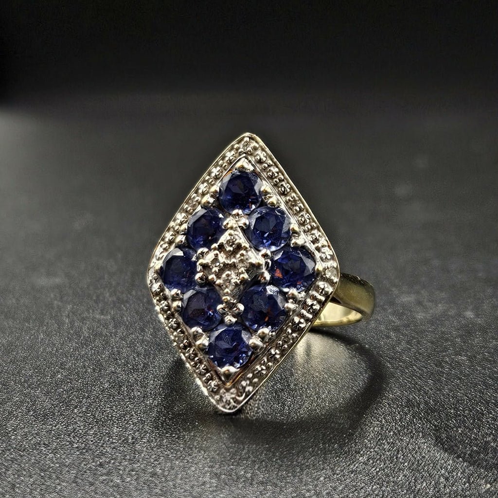 9ct Yellow Gold Blue Sapphire Diamond Ladies Ring
