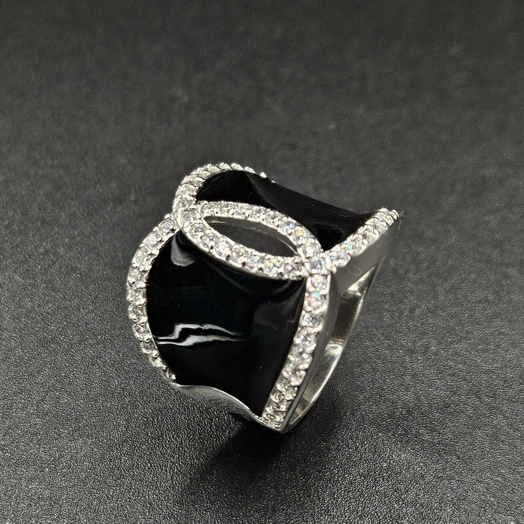 Brand New Sterling Silver, Onyx & Cubic Zirconia Ring