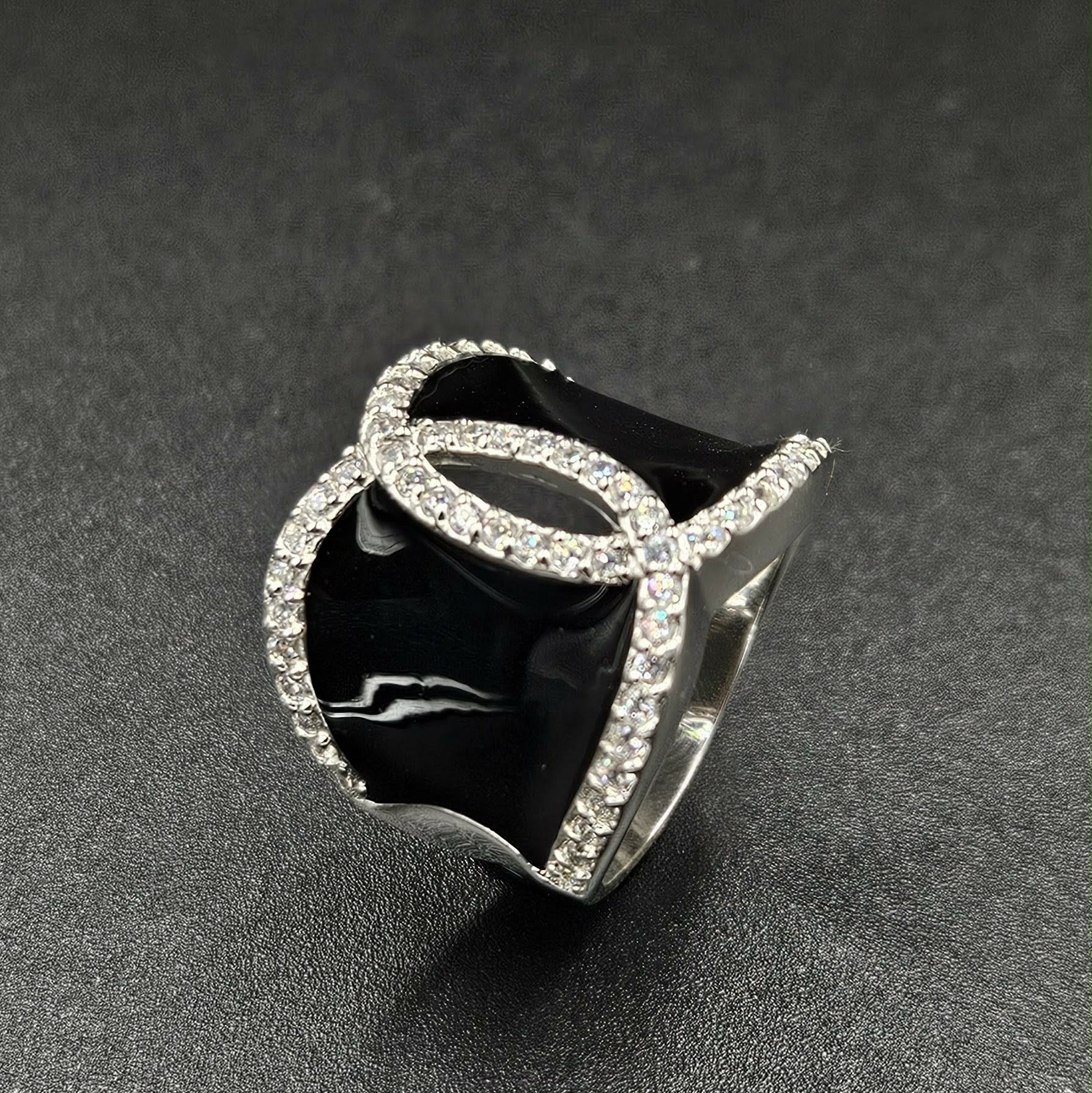 Brand New Sterling Silver, Onyx & Cubic Zirconia Ring