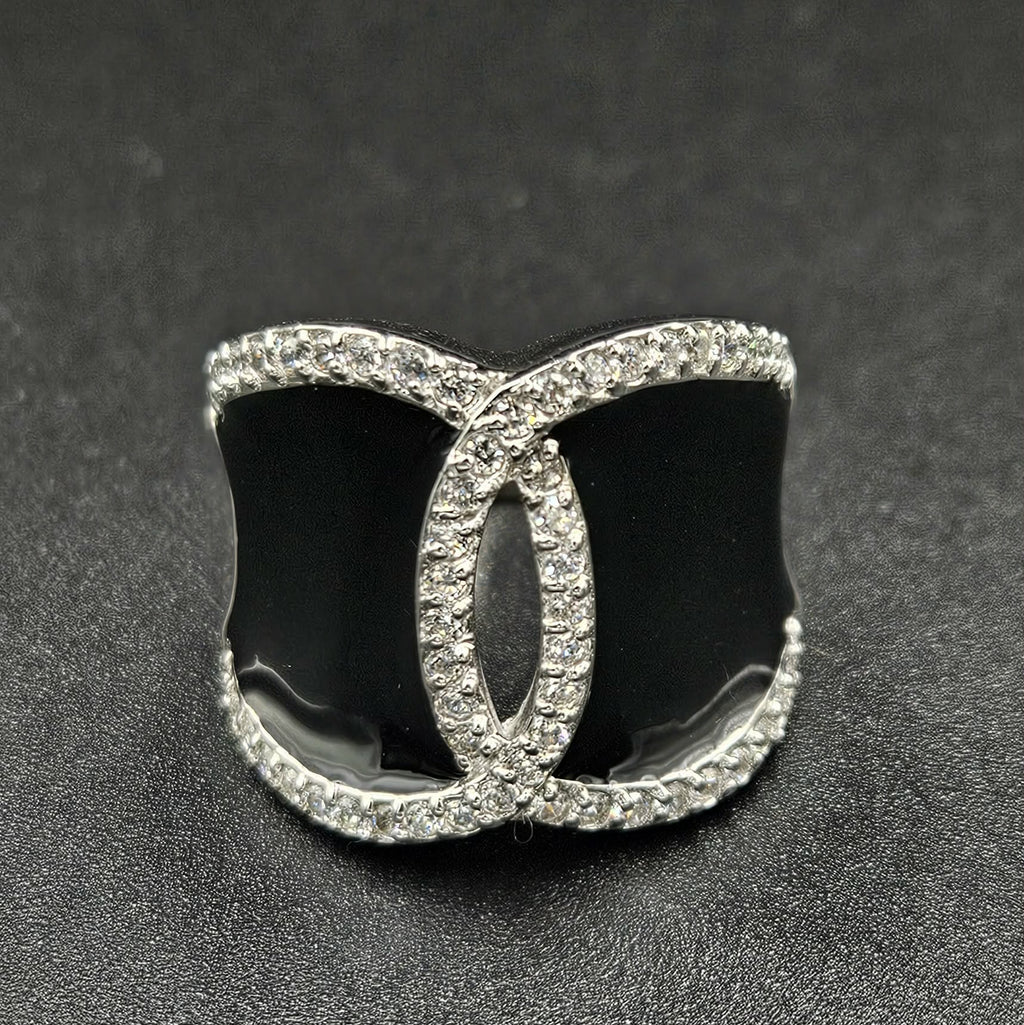Brand New Sterling Silver, Onyx & Cubic Zirconia Ring