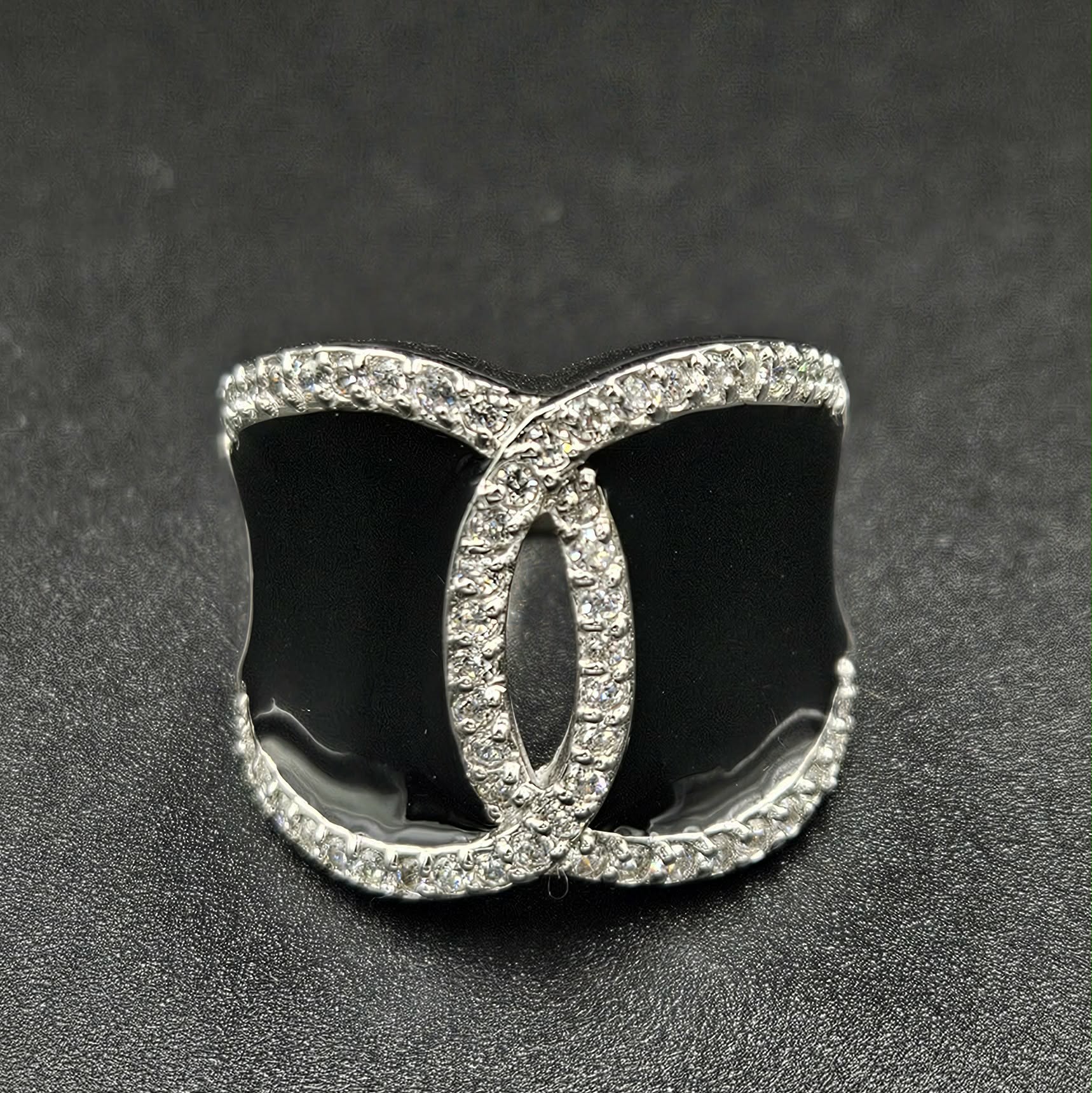 Brand New Sterling Silver, Onyx & Cubic Zirconia Ring
