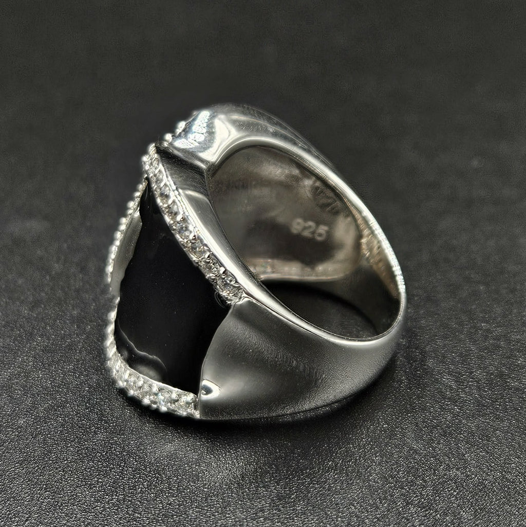 Brand New Sterling Silver, Onyx & Cubic Zirconia Ring