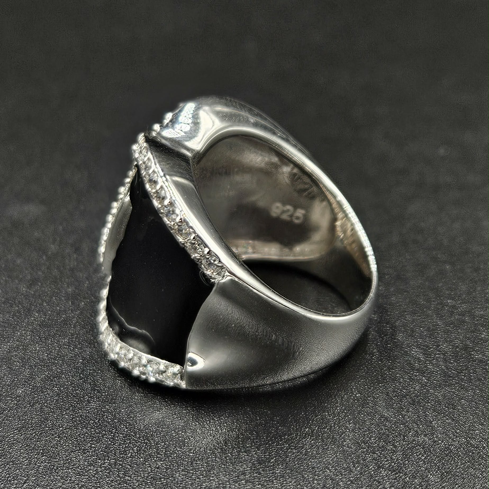Brand New Sterling Silver, Onyx & Cubic Zirconia Ring