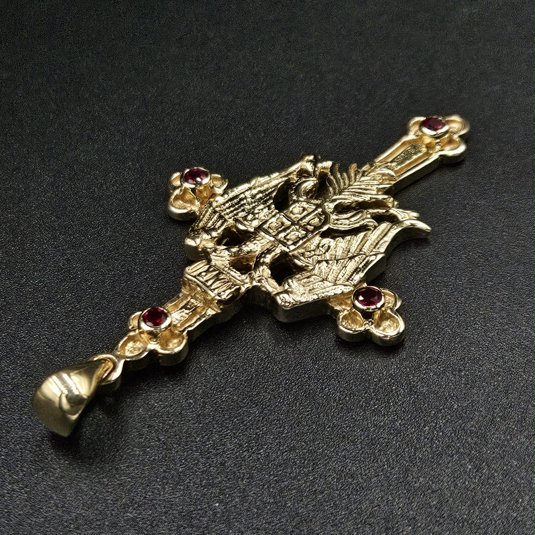 9ct Yellow Gold & Ruby Byzantine / Eastern Orthodox Cross Design
