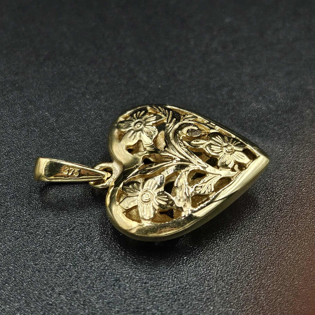 9ct Yellow Gold Floral Heart Pendant