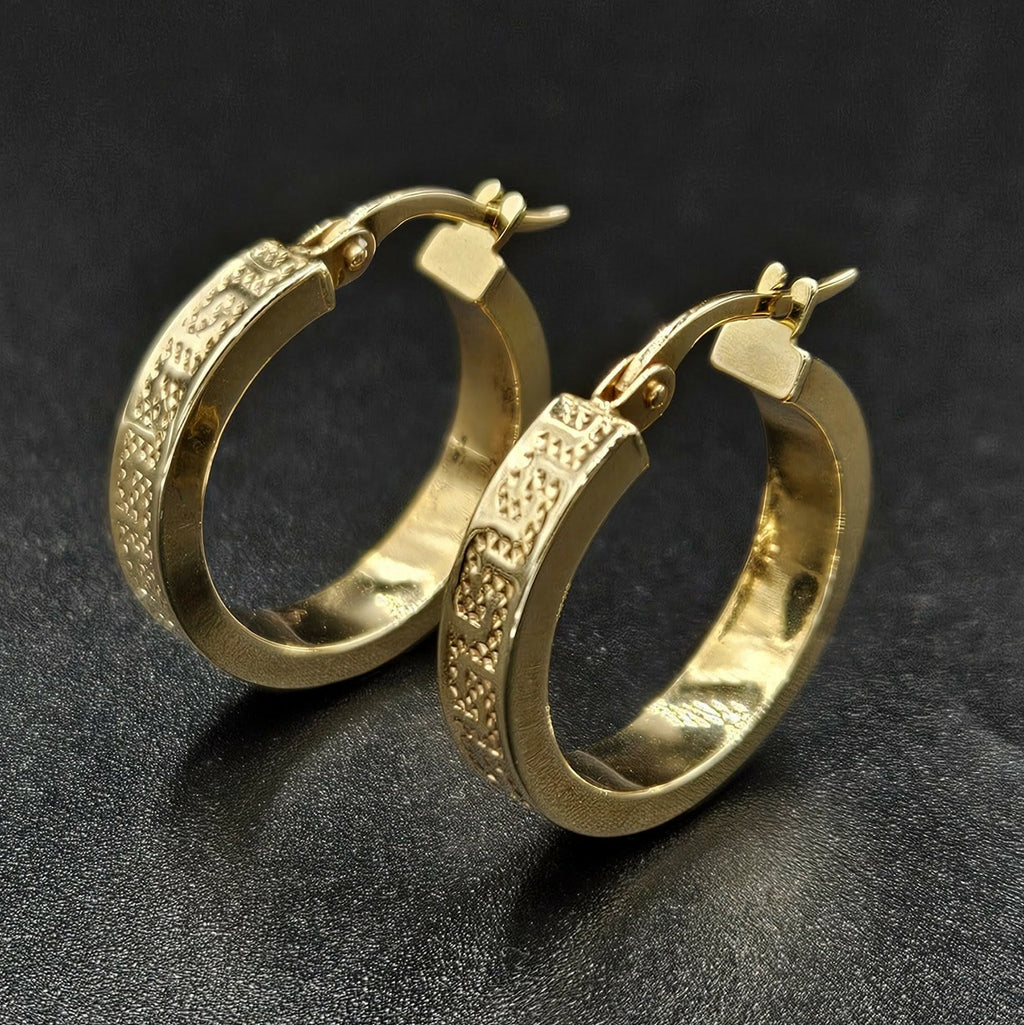 9ct Yellow Gold Greek Lined Patterned Earrings