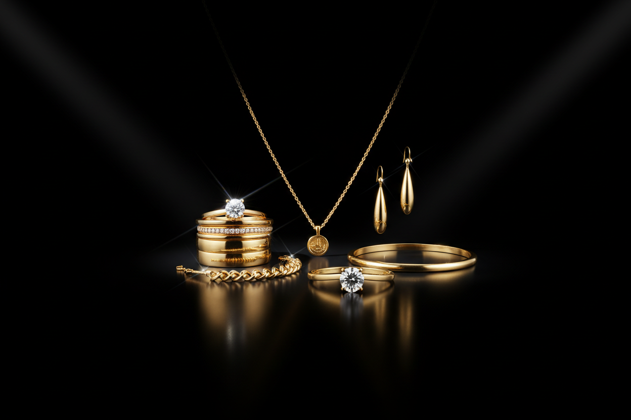 I own a jewellery business. I need you to create an image that will be front page of my new website. Imagen eeds gold jewellery, black background, sleek and proffesional