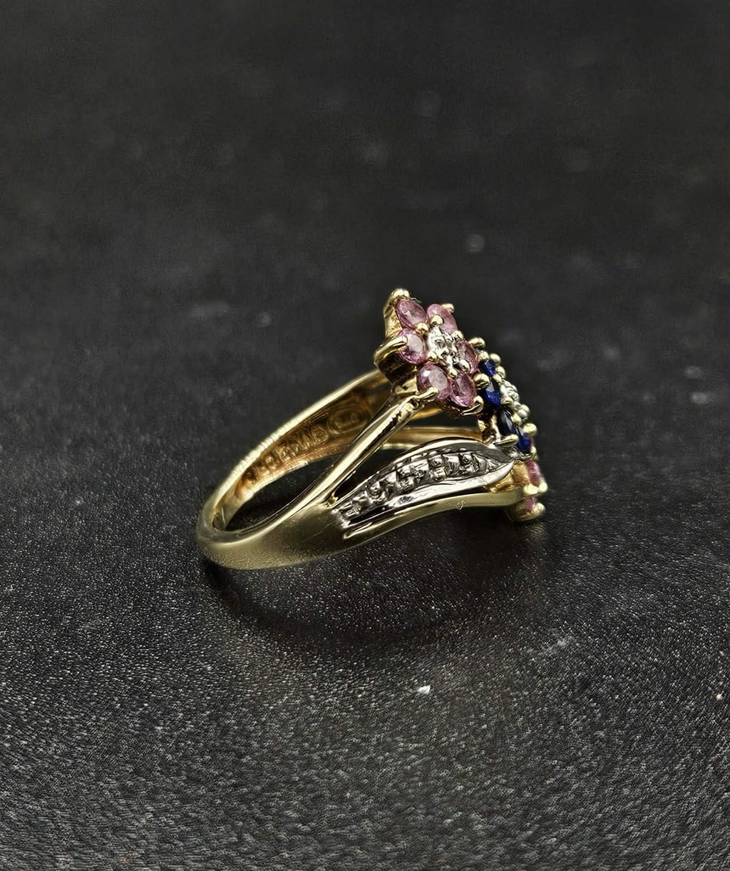 9ct Yellow Gold Pink & Purple Sapphire Flower Ring