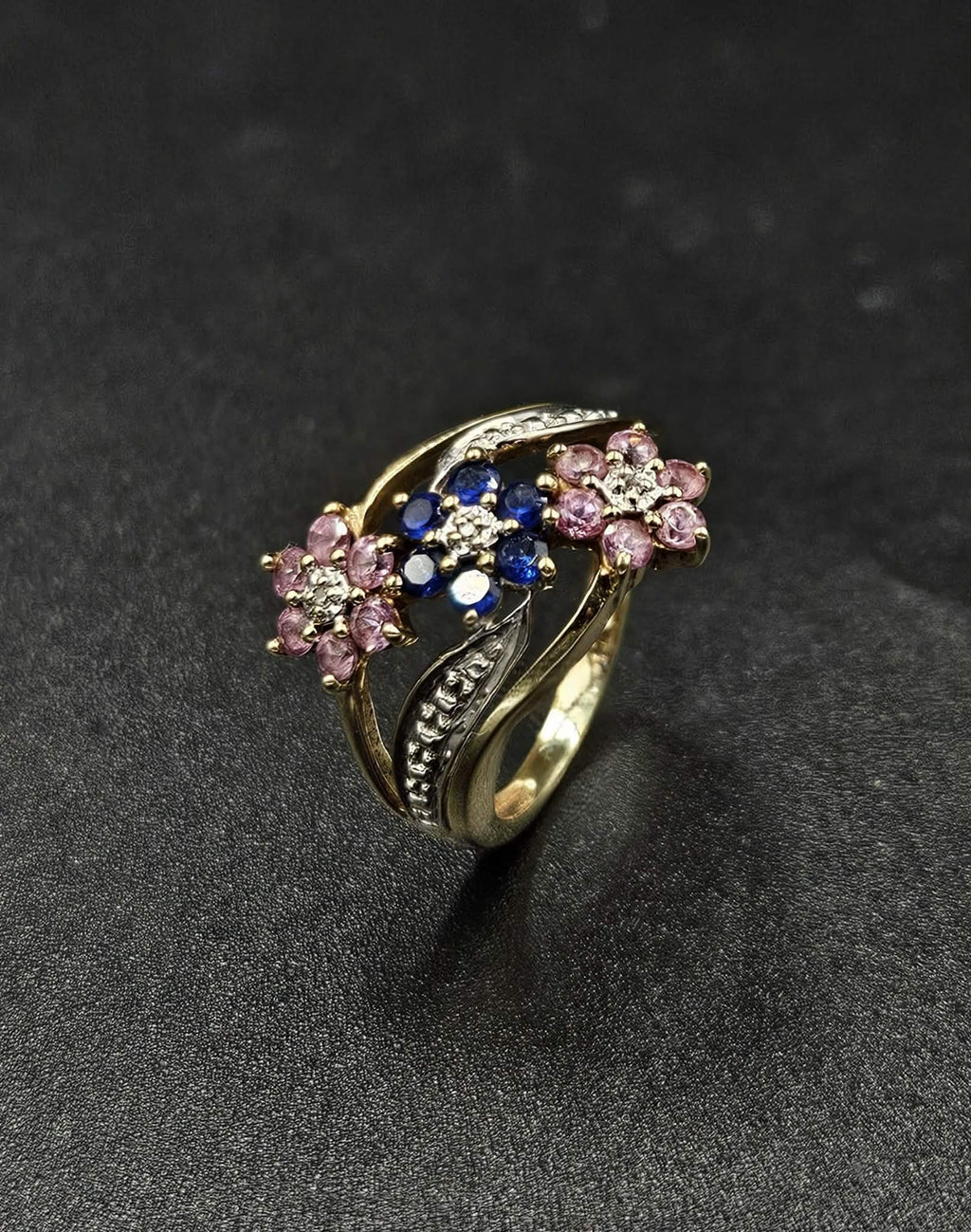 9ct Yellow Gold Pink & Purple Sapphire Flower Ring