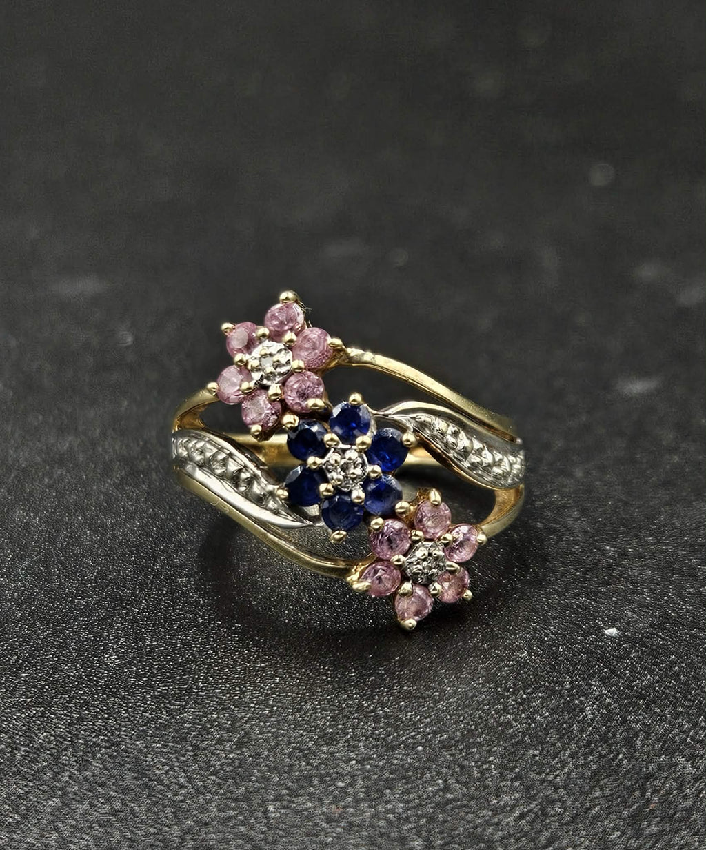9ct Yellow Gold Pink & Purple Sapphire Flower Ring