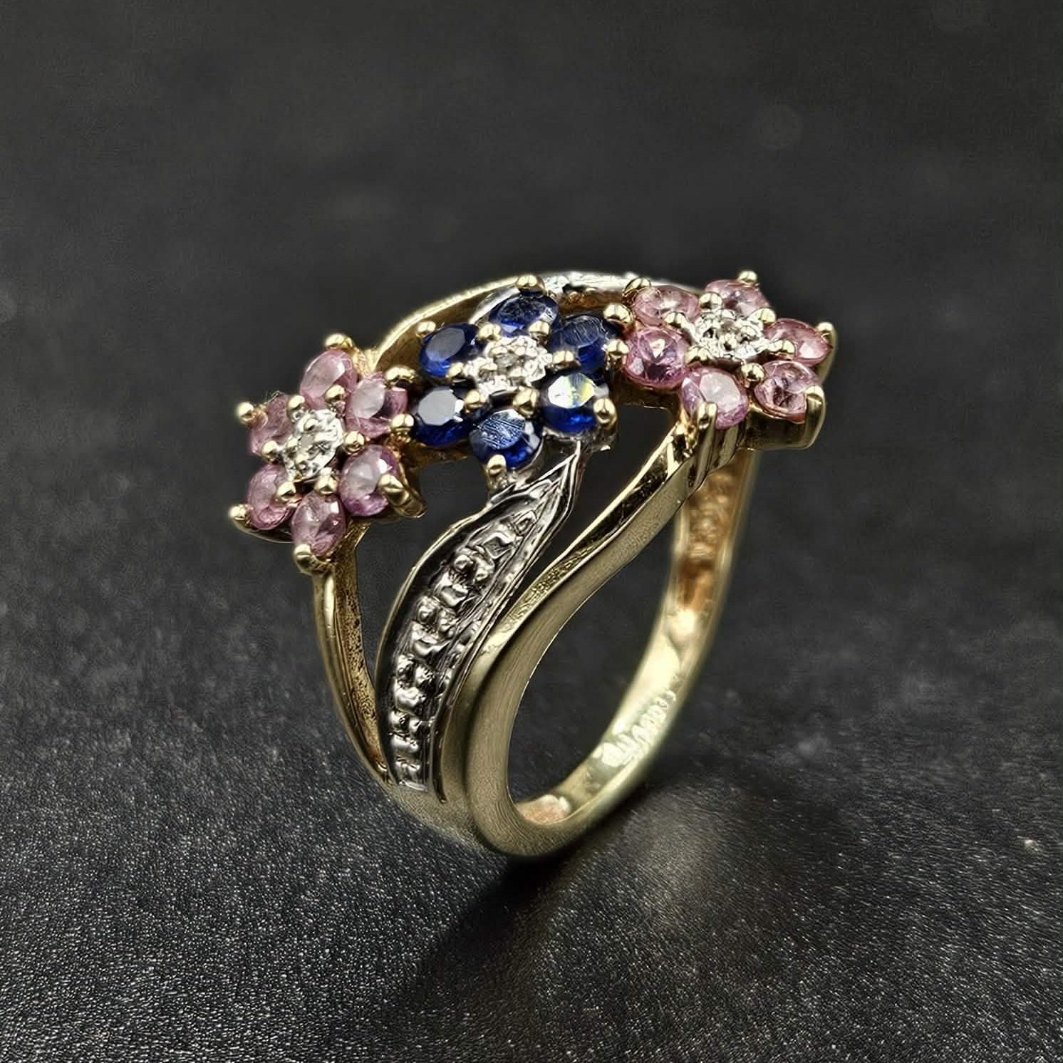 9ct Yellow Gold Pink & Purple Sapphire Flower Ring