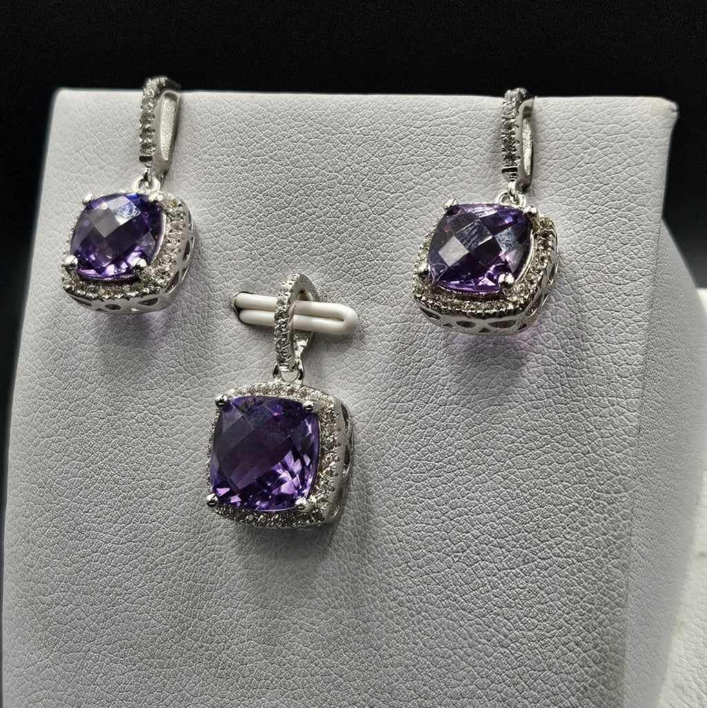 Brand New, Never worn 925 Sterling Silver Pink Amethyst & Cubic Zirconia Pendant & Earrings set
