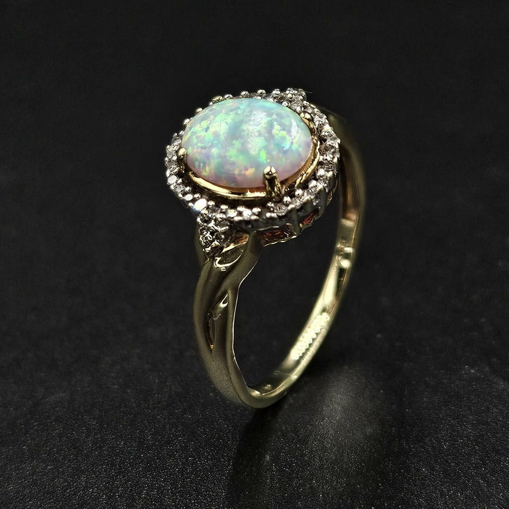 10ct Yellow Gold White Opal & Diamond Ring