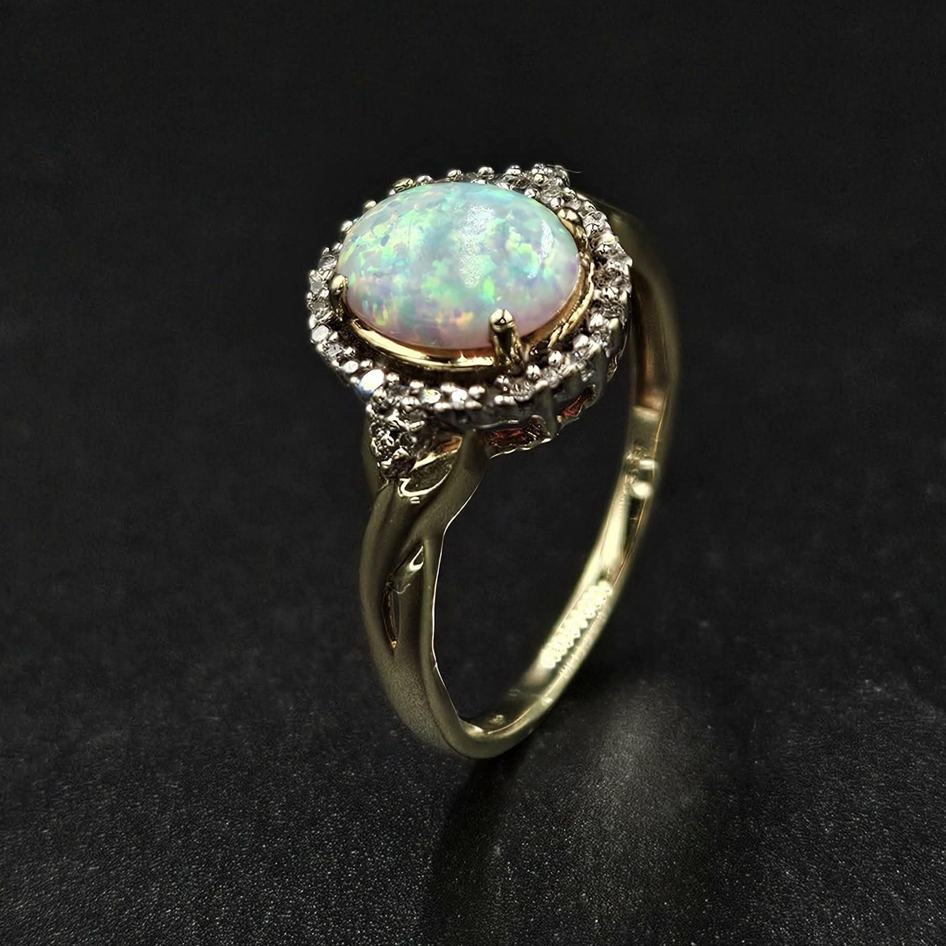 10ct Yellow Gold White Opal & Diamond Ring