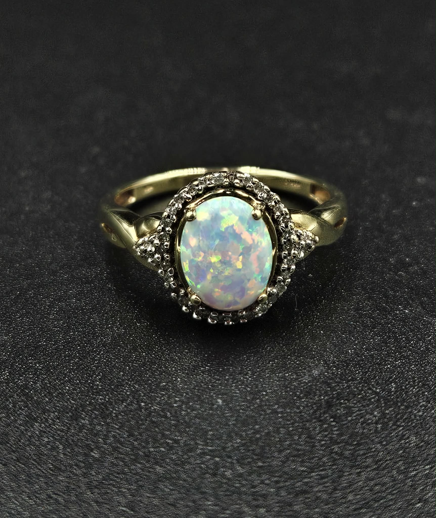 10ct Yellow Gold White Opal & Diamond Ring