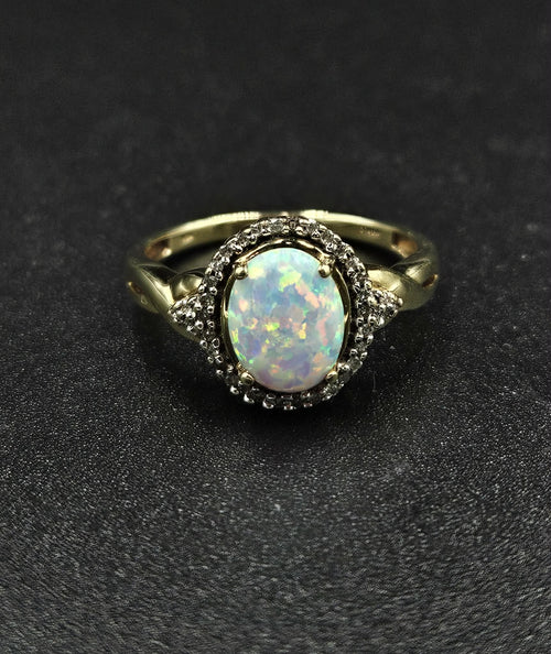 10ct Yellow Gold White Opal & Diamond Ring